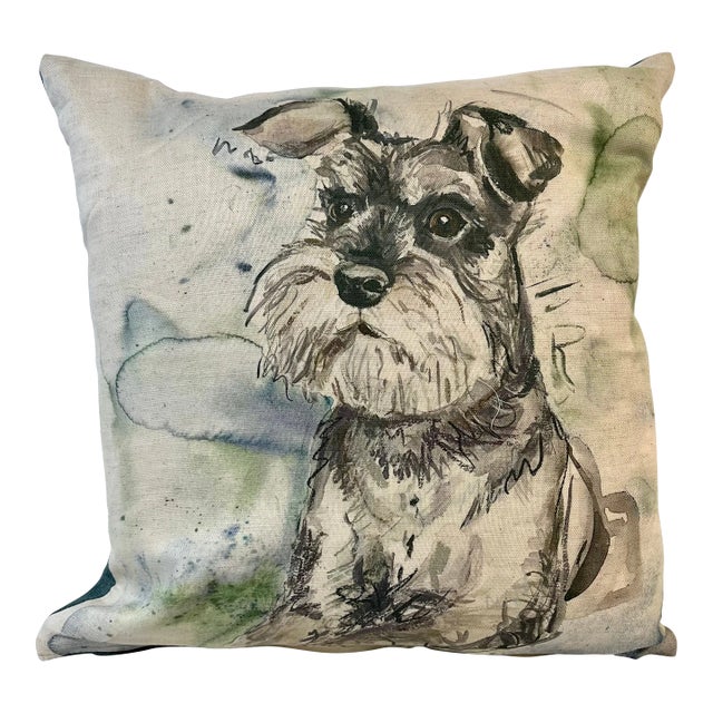 Square Pillow Decorated With a Silver Schnauzer Dog Portrait - Made in the U K For Sale