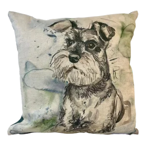 Square Pillow Decorated With a Silver Schnauzer Dog Portrait - Made in the U K