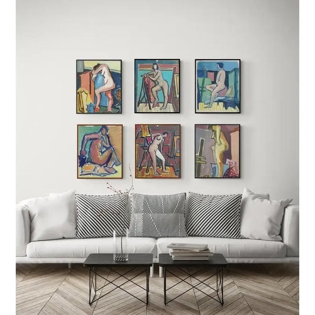 1950s 1950s Figurative Nude Gouache Painting Female Pink Blue Purple For Sale - Image 5 of 5