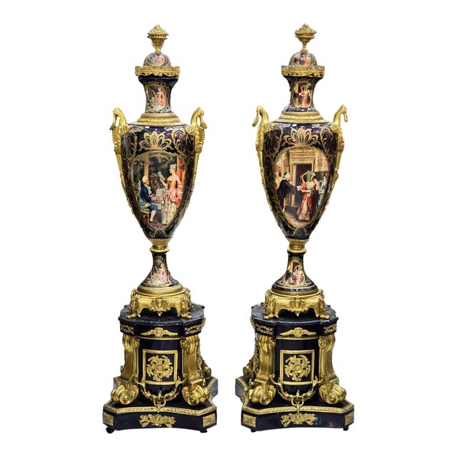 Sevres-Style Porcelain Vases With Pedestals – Hand-Painted Gilt Bronze, Pair For Sale
