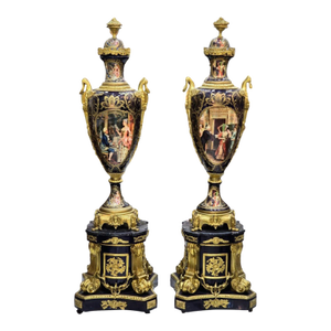 Sevres-Style Porcelain Vases With Pedestals – Hand-Painted Gilt Bronze, Pair