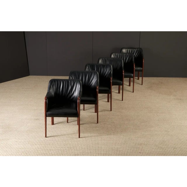 Mid-Century Modern Set of Six Black Leather Dining Armchairs W Cassina Label, C 1980s, Refinished For Sale - Image 3 of 16