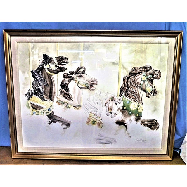 Large watercolor of four Hershey Park, PA carousel horses. Signed lower right and dated "Nancy H. Strailey 1982"....