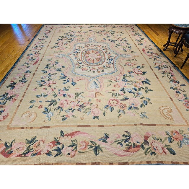 Late 19th Century French Aubusson Needlepoint Carpet in Floral Pattern in Ivory, Green, Pink, Blue For Sale - Image 4 of 18