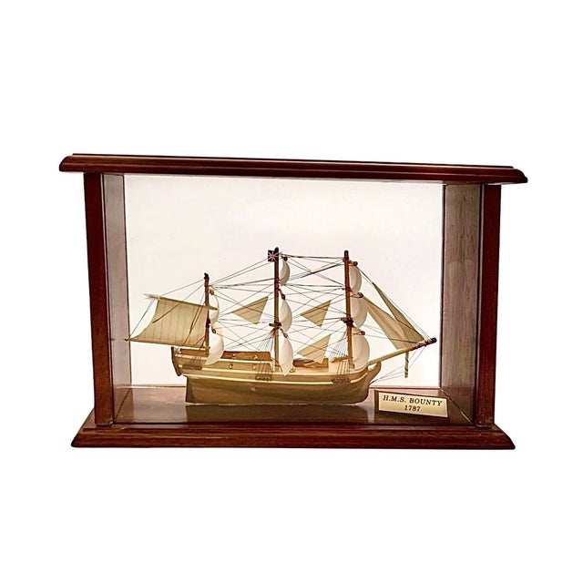 Wood Ship Model in Glass Display Case HMS Bounty Replica Vintage Nautical Decor For Sale - Image 7 of 8