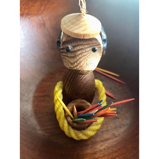 Mid Century Modern Teak Vintage Monkey With Beret Toothpick Holder For Sale - Image 11 of 12