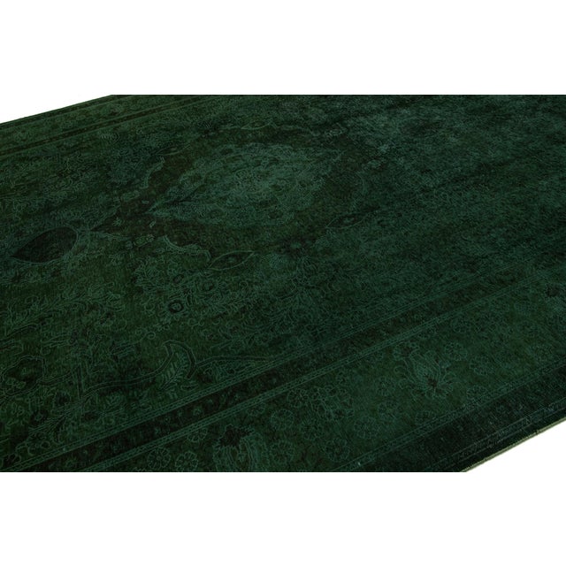 Green Room Size Green Overdyed Persian Designed Wool Rug With Medallion Motif For Sale - Image 8 of 10