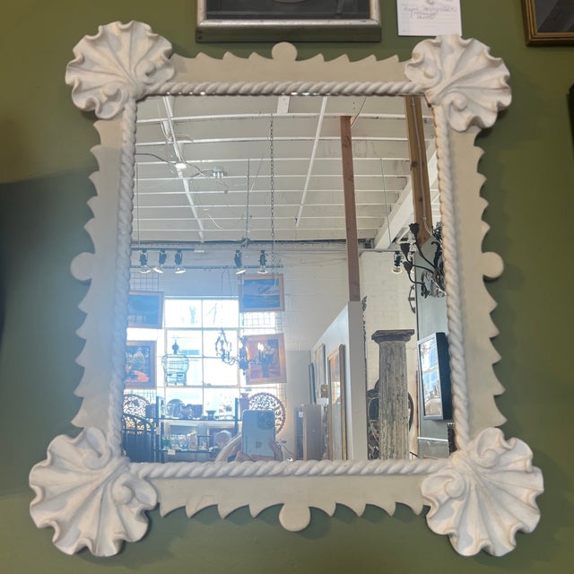 Contemporary Vintage Painted Carved Wood Wall Mirror With Shell Motif For Sale - Image 3 of 7