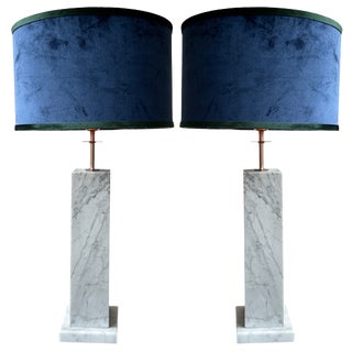 Large Marble and Copper Table Lamps with Velvet Shade from Hilton Hotel, 1980s, Set of 2 For Sale