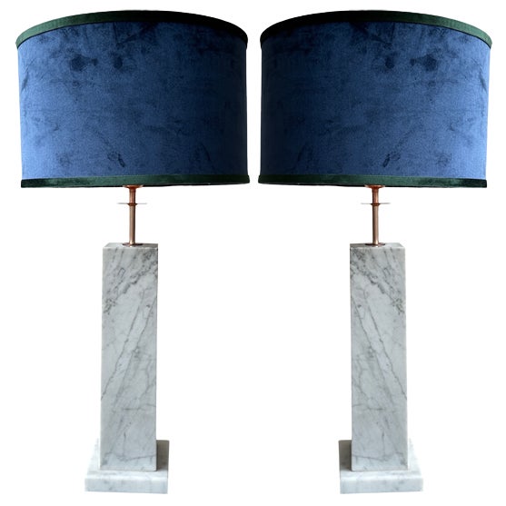 Large Marble and Copper Table Lamps with Velvet Shade from Hilton Hotel, 1980s, Set of 2 For Sale