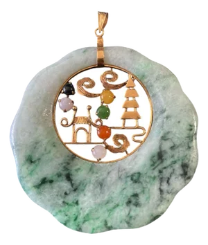Chinoiserie Vintage 14 Kt Gold Jadeite Jade Pendant W/Pagoda Marked