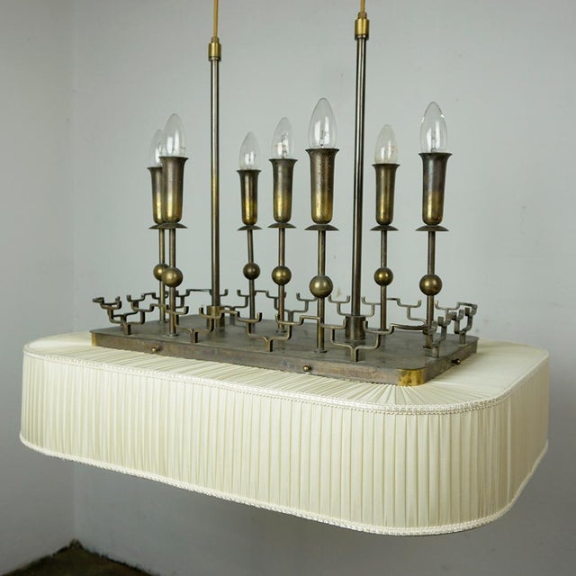 An exceptionally rare and decorative billiard or snooker chandelier circa 1930s, probably France. It features a bronze...