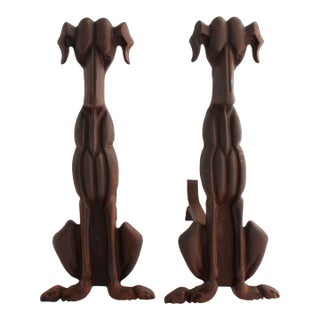 Rare Vintage Pair of Art Deco Cast Iron Dog Andirons / Log Holders, C1920-30s, 17” Tall For Sale