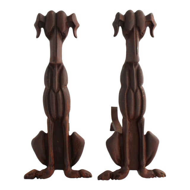 Rare Vintage Pair of Art Deco Cast Iron Dog Andirons / Log Holders, C1920-30s, 17” Tall For Sale