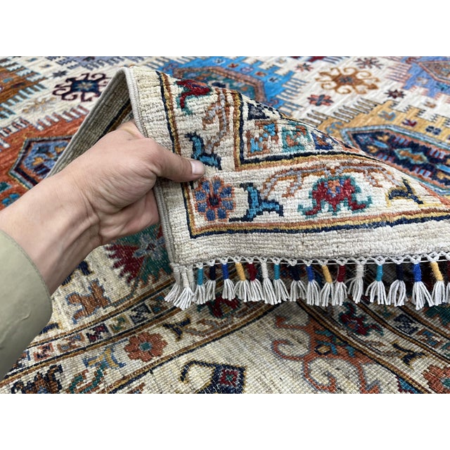 Ivory & Blue Sultani Natural Dye Wool Rug, Tribal Geometric Medallion Design, 6′10″ × 9′10″ For Sale - Image 11 of 14