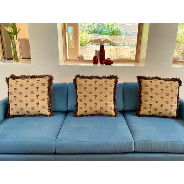 Fringed Woven Jacquard Elephant & Palms Double Sided Print Decorative Pillows- Set of 3 For Sale In Santa Fe - Image 6 of 8