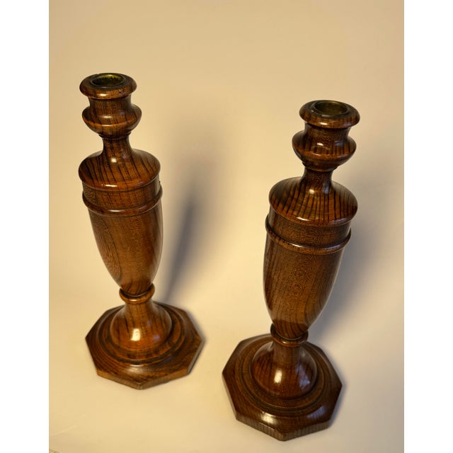 Wood Early 20th Century English Traditional Empire Solid Oak Wood Candlesticks, a Pair For Sale - Image 7 of 12