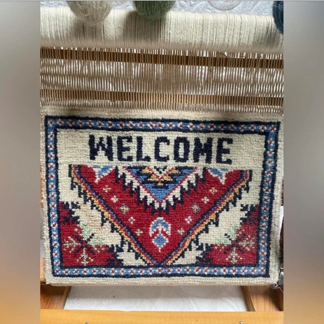 Turkish Vintage 1950s Turkish Miniature Oriental Rug Weaving Loom Welcome For Sale - Image 3 of 8