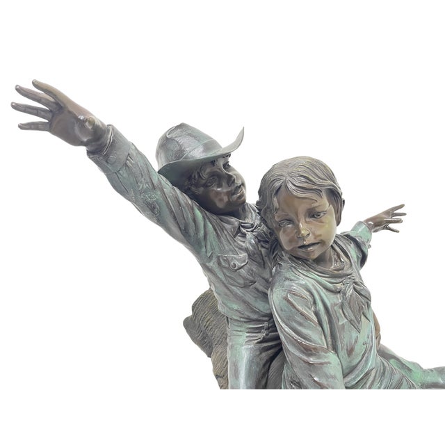 Realism 1980s Monumental Signed Bronze Figurative Sculpture of Children by J. Davidson on Marble & Rosewood Pedestal For Sale - Image 3 of 15