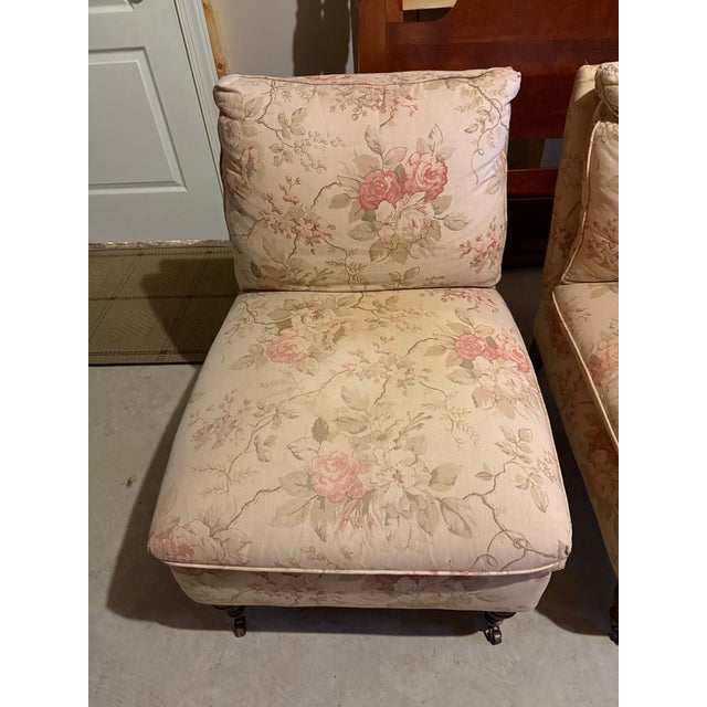 Pair of Vintage Floral Slipper Chairs With Turned Legs & Brass Casters For Sale - Image 4 of 17