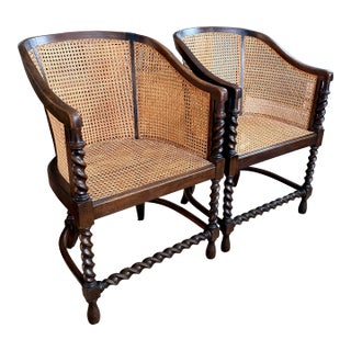 Pair of Antique Caned Barrel Chairs For Sale