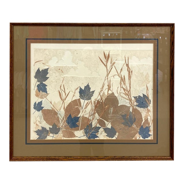 Vintage Framed Botanical Leaf Artwork With Blue and Brown Foliage Motif, Mid-Century Style Wall Art For Sale