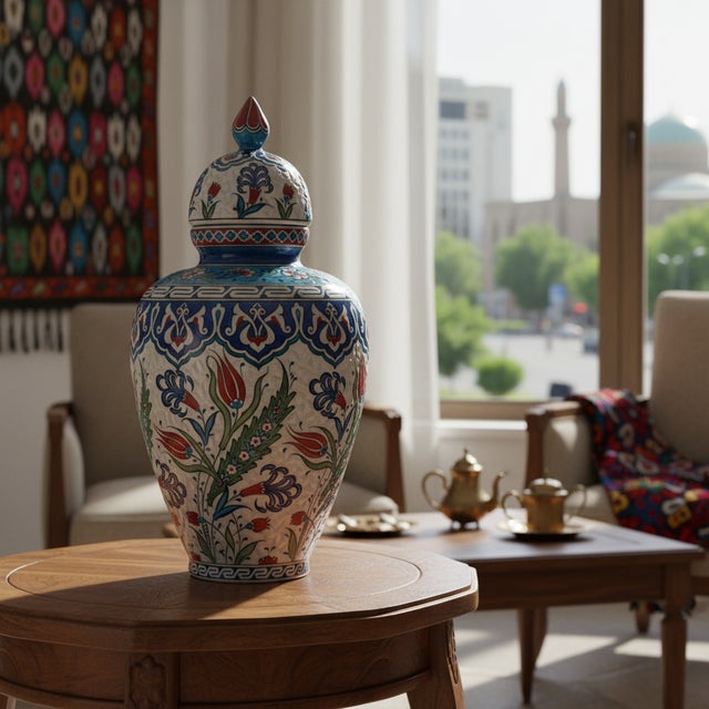 Turkish Handmade Ceramic Vizier Jar (30cm) Carved Relief Texture and Ottoman Red Tulips For Sale - Image 3 of 8