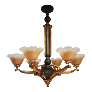 Vintage Large French Chandelier in Copper + Verdigris With Six Peach Art Glass Shades