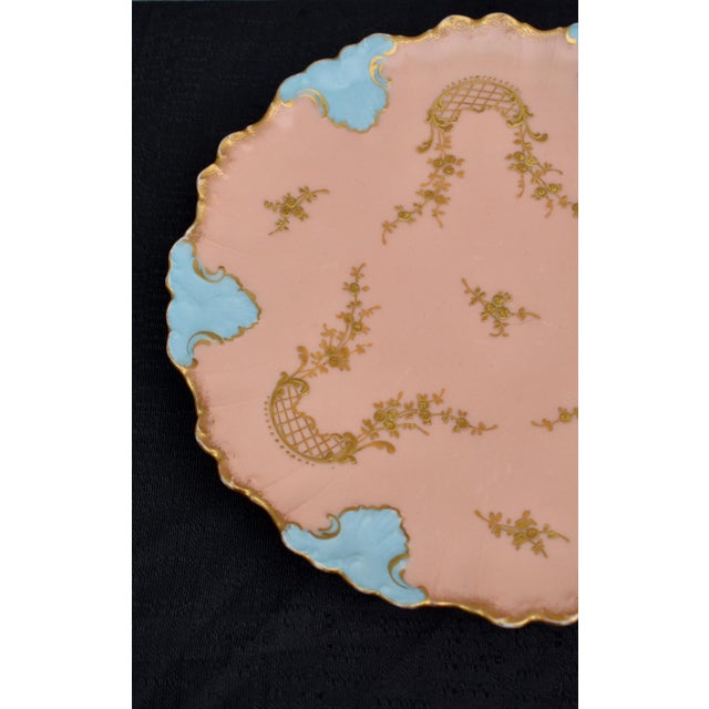 Limoges, France Antique Ak Co Limoges Plate France Pink Cabinet Hand Painted Blue Gold Gilt For Sale - Image 4 of 10