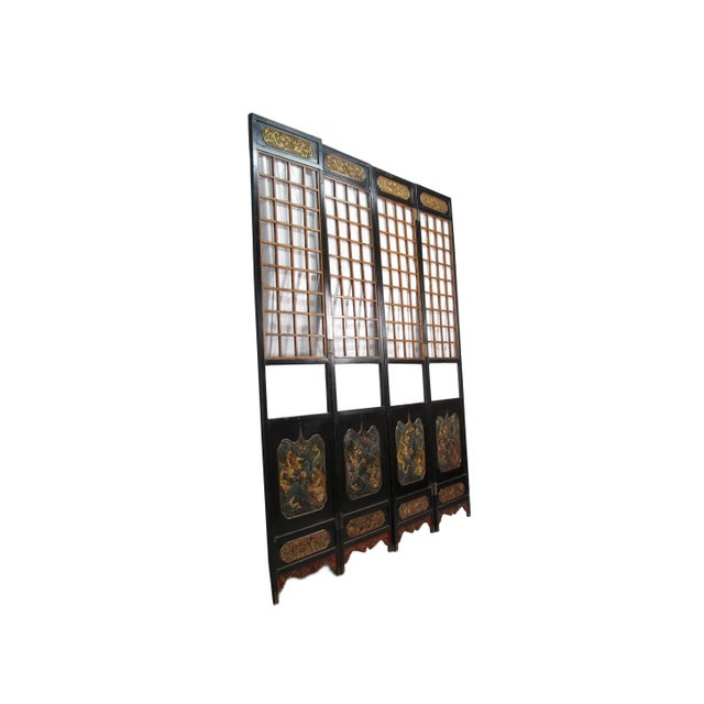 Chinese Antique Chinese Room Divider W Hand Carved & Gilded Dragons on Both Sides - Set of 4 For Sale - Image 3 of 13