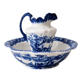 Intage Victoria Ware Ironstone Blue & White Ewer Pitcher & Wash Basin Set – 2 Pieces For Sale