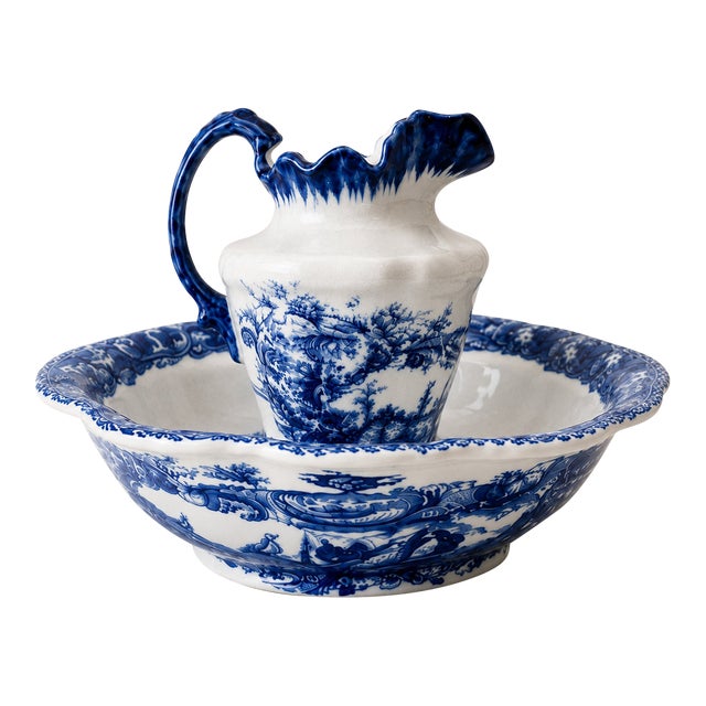 Intage Victoria Ware Ironstone Blue & White Ewer Pitcher & Wash Basin Set – 2 Pieces For Sale