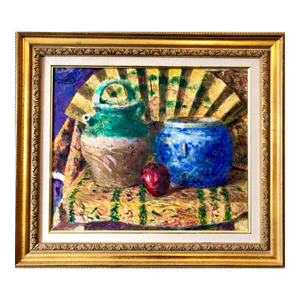 Yoshio Aoyama, Japanese Fauvist Colorful Oil Painting Chinese Ceramic Jars with Fan and Apple, 1981