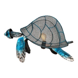 Vintage Turquoise Metal Turtle Table Lamp | Sculptural Wire Mesh Accent Light For Sale