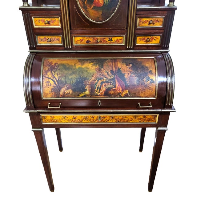 19th C French Vernis Martin Style Painted & Fitted Interior Bonheur Du Jour Secretary Desk For Sale - Image 13 of 18
