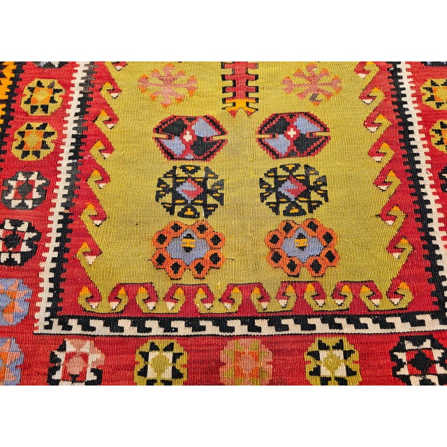 Vintage Turkish Kilim Rug, Flat-Woven Prayer Pattern, Yellow & Green, 4x6 For Sale - Image 14 of 16