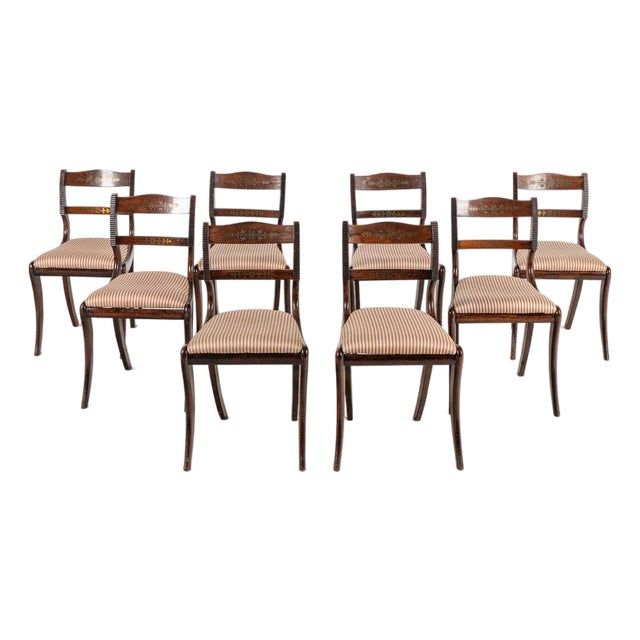 Set of Eight Regency Brass-Inlaid Dining Chairs, English, 19th Century For Sale