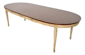 Kindel Furniture Style French Regency Louis XVI Burl Wood Parcel Painted Extension Dining Table, Circa 1960s