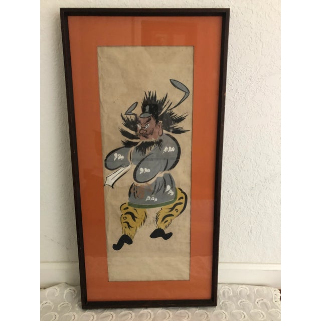 Wood Early 20th Century Otsu-E Woodblock Print Japanese Warrior Folk Art Framed Mat Under Glass For Sale - Image 7 of 10