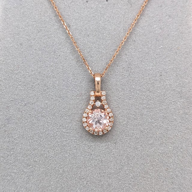 Pink Morganite Pendant With Earth Mined Diamonds in Solid 14k Gold, Round 6mm For Sale - Image 4 of 7