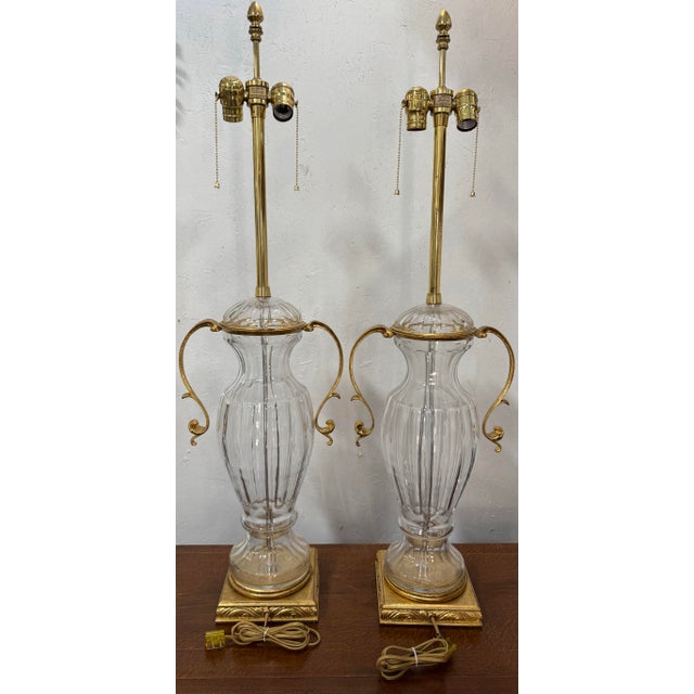Glass 1960s Mabro Lamp Company French Clear Crystal and Gilt Table Lamps -a Pair For Sale - Image 7 of 7