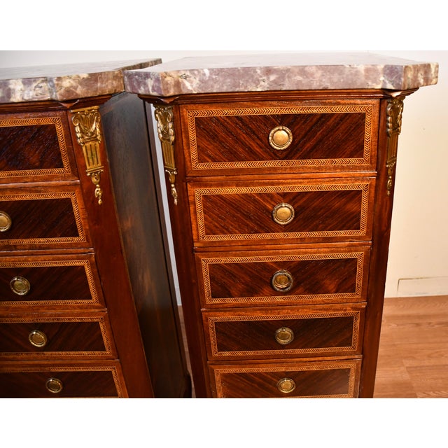 1900s Pair Antique French Louis XV Walnut & Satinwood Marble Top Lingerie Stands For Sale - Image 6 of 12