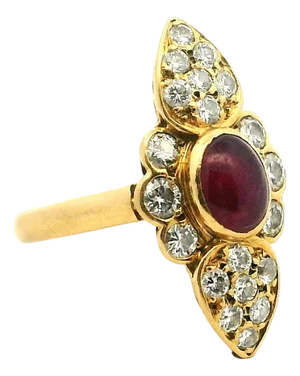 French 1980s Ruby & Diamond Navette Ring in 18k Yellow Gold, Size 6.5