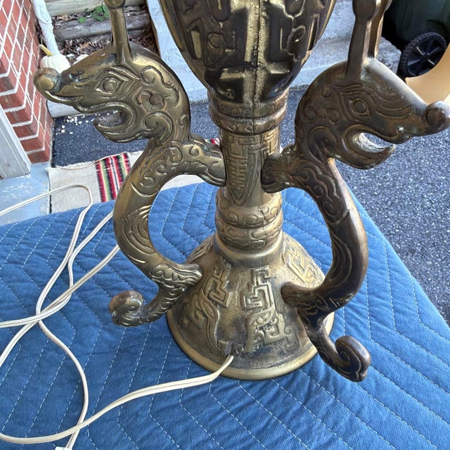 Mid 20th Century Chinese Archaistic Cast Brass Dragon Table Lamp - Attributed to James Mont For Sale - Image 12 of 18