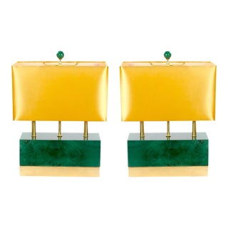 Mid-Century Modern Italian Art Deco-Style Dark Green Jade and Brass Table Lamps For Sale