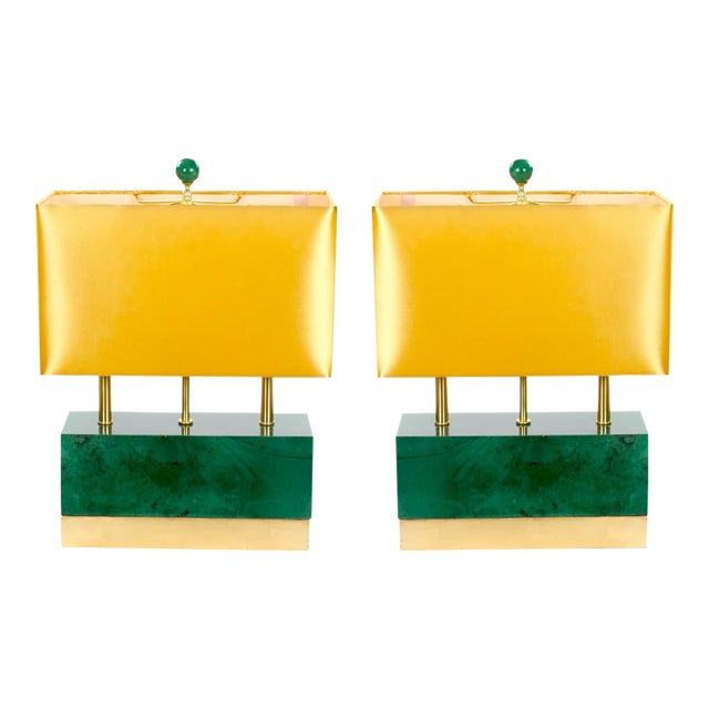 Mid-Century Modern Italian Art Deco-Style Dark Green Jade and Brass Table Lamps For Sale