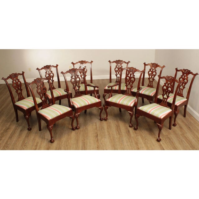 High Quality Vintage Set of Ten Custom Upholstered Carved Mahogany Frame Dining Chairs with Ball and Claw Feet, Possibly...