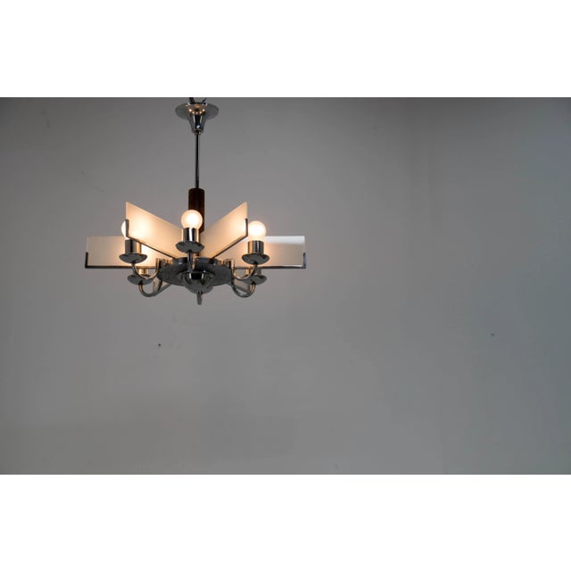 Wood Art Deco Chandelier in Chrome, Wood and Sandblasted Glass, 1940s For Sale - Image 7 of 13