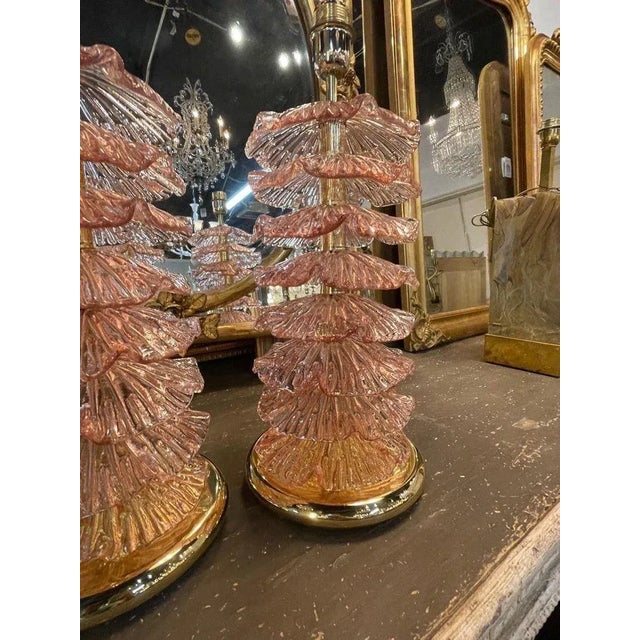 2000 - 2009 Modern Pink Murano Glass Layered Ruffle Lamps - A Pair For Sale - Image 5 of 7