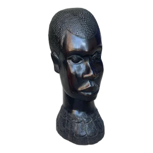 Mid 20th Century African Hand Carved Ebony Wood Sculpture Male Head Bust 11.5"